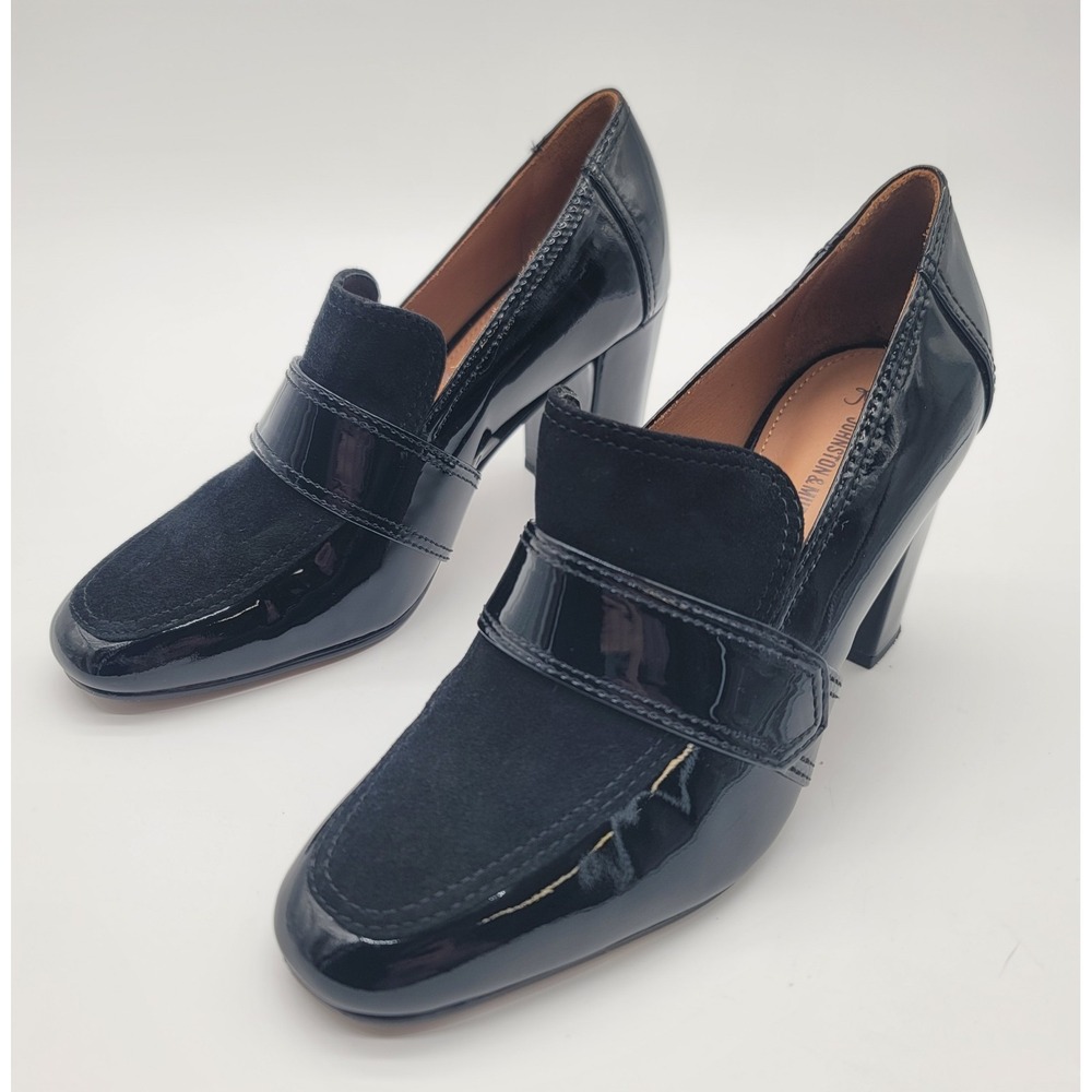 Johnston & Murphy Black Patent Leather Suede Loafer Heels Womens 6.5M‎